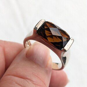 Sterling Sz 10-10.5 Modern Cushion Cut Smoky Quartz Ring 6g Unisex